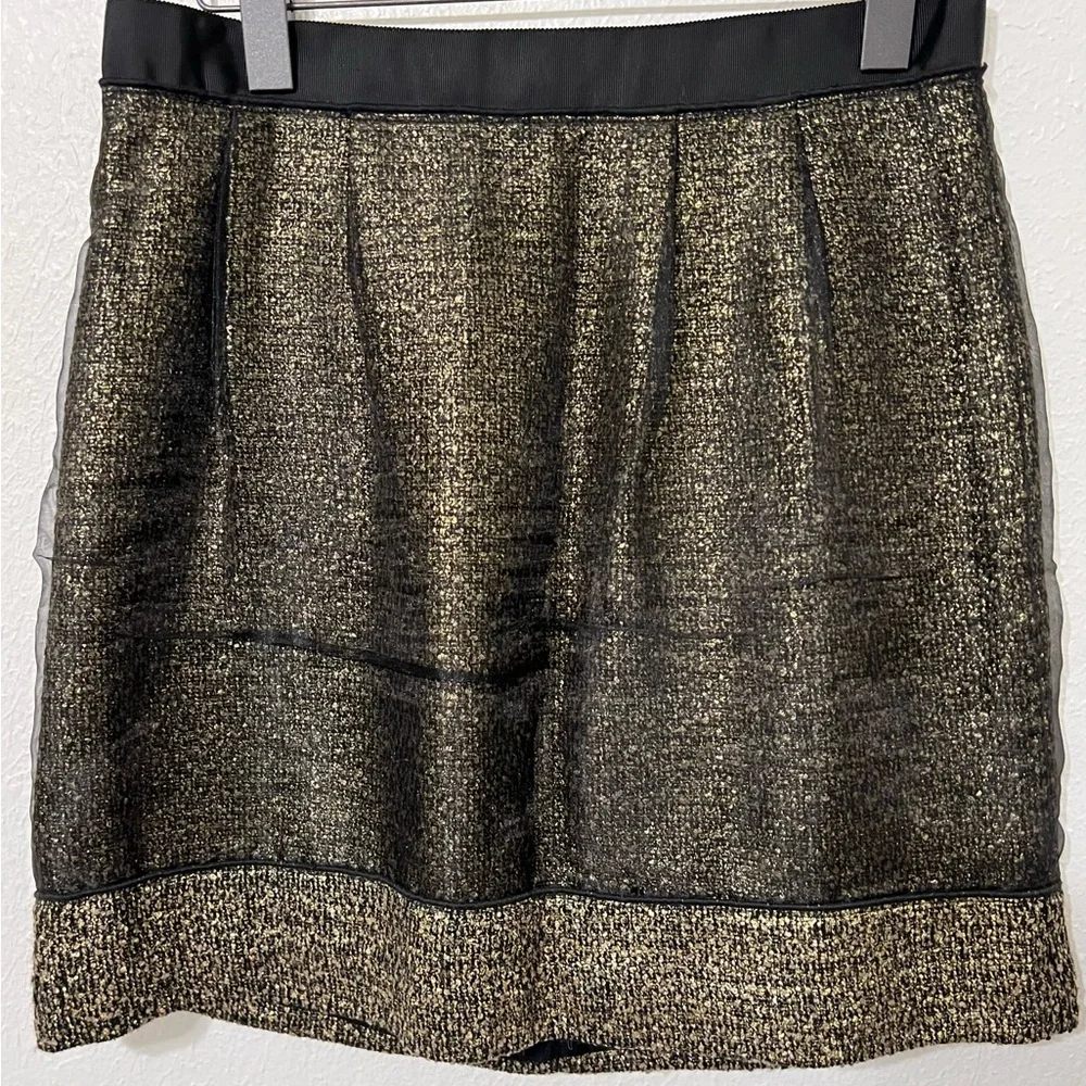 LOFT Black Gold Sheer Metallic Wool Skirt Mesh Overlay Satin Piping Gold Exposed